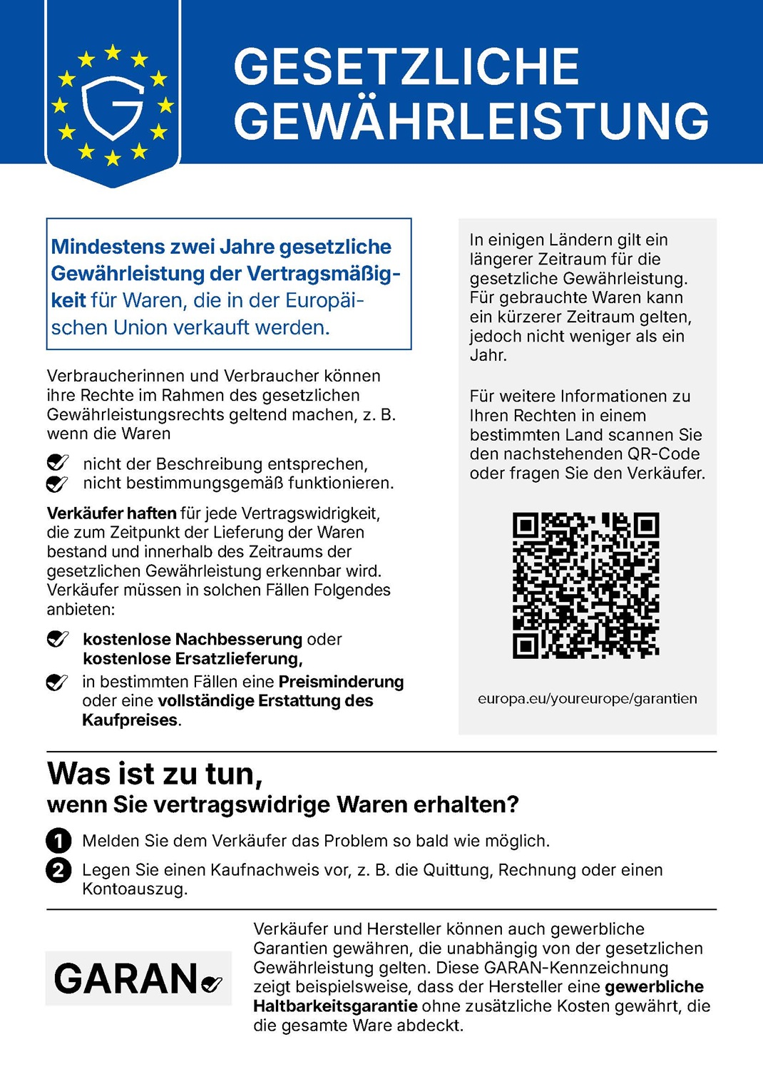 EU Gesetzliche Gewährleistung Label